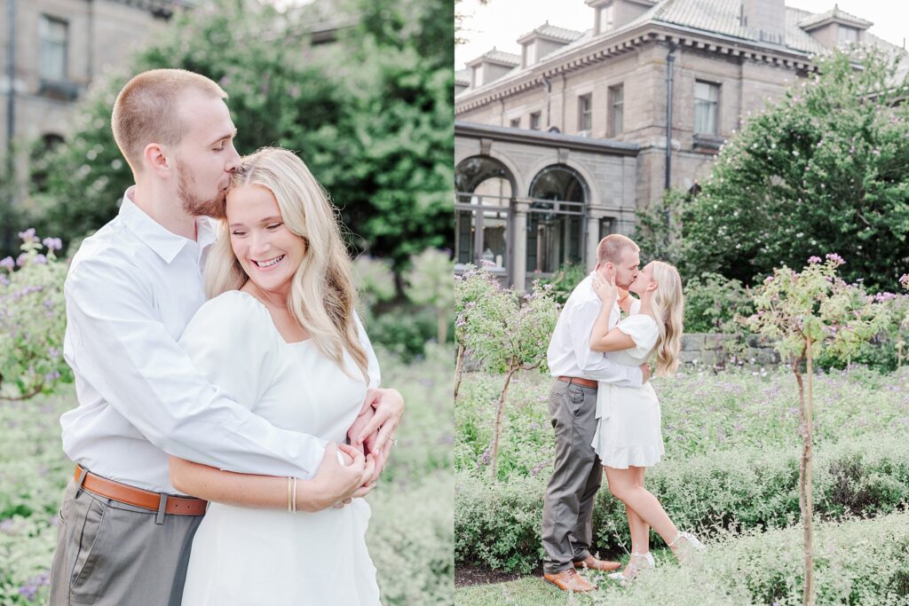 Eolia Mansion engagement portrait of a couple embracing in the gardens with the mansion behind them