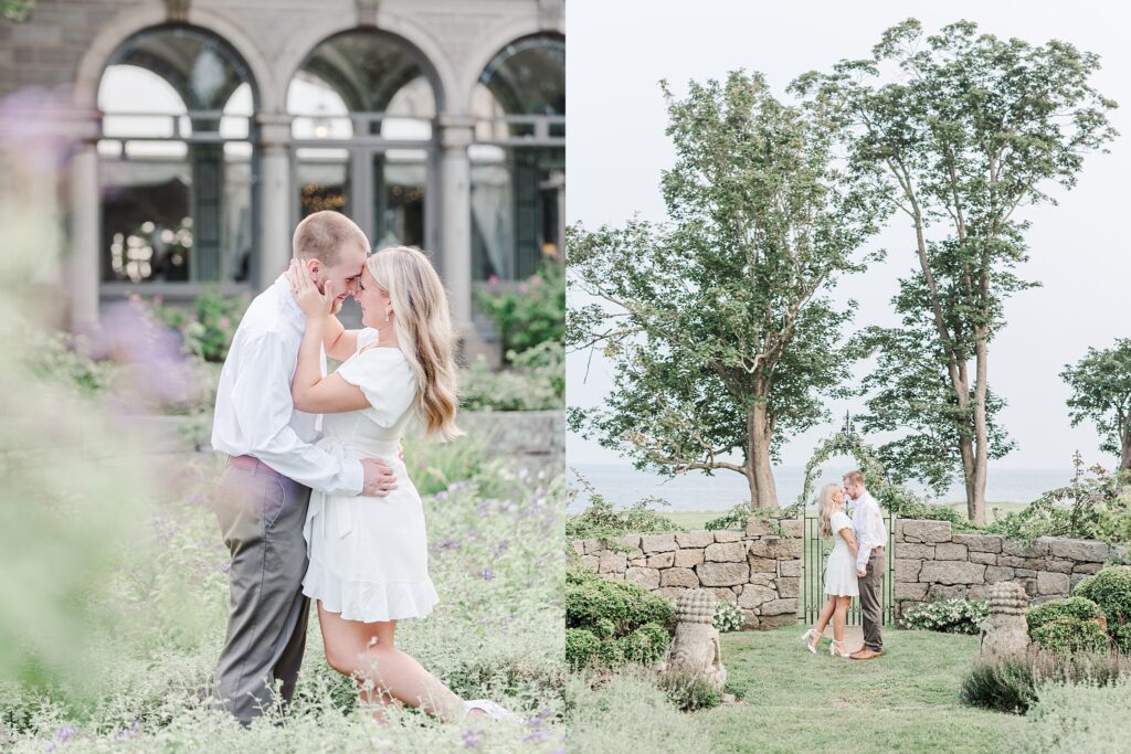 Eolia Mansion engagement portrait of a couple sharing a quiet embrace near the mansion