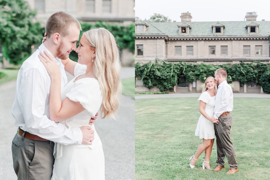 Eolia Mansion engagement photo of a couple standing together by the water