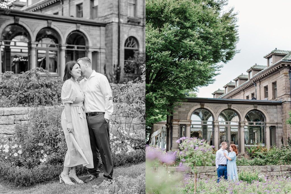 Eolia Mansion engagement portrait of Kimberly and Alexander standing in the gardens