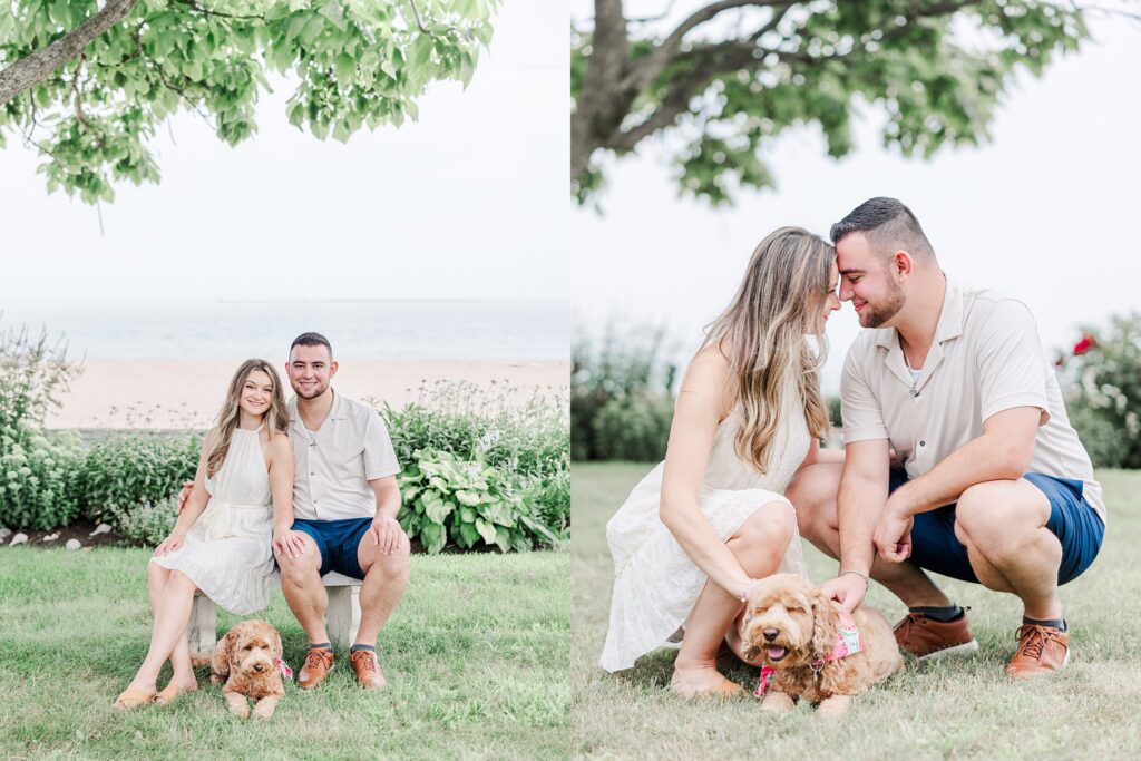 Romantic beach engagement session of Sarah and Bobby sitting together with their dog Annie at a beachside home in Clinton Connecticut on a cloudy summer day