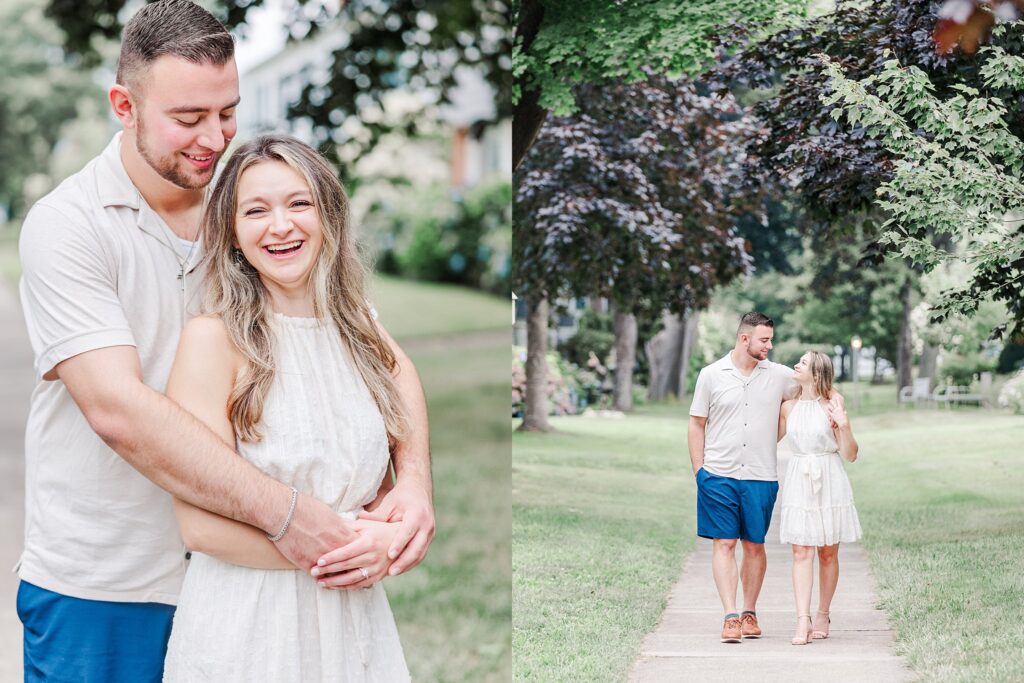 Romantic portrait of engaged couple embracing during a beach engagement session in Clinton Connecticut surrounded by lush summer greenery