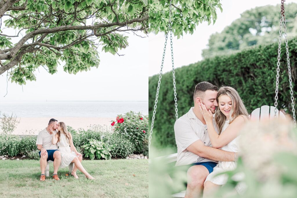Engaged couple sitting together on a garden swing during a beach engagement session at a Connecticut shoreline home