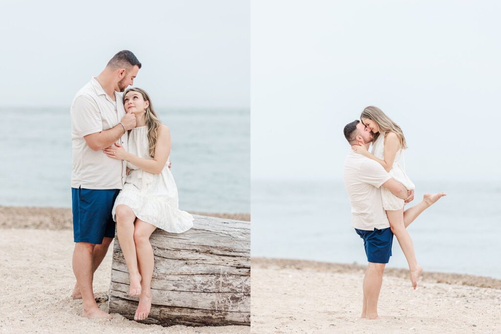 Engaged couple sitting on driftwood at the beach during a coastal engagement session in Clinton Connecticut